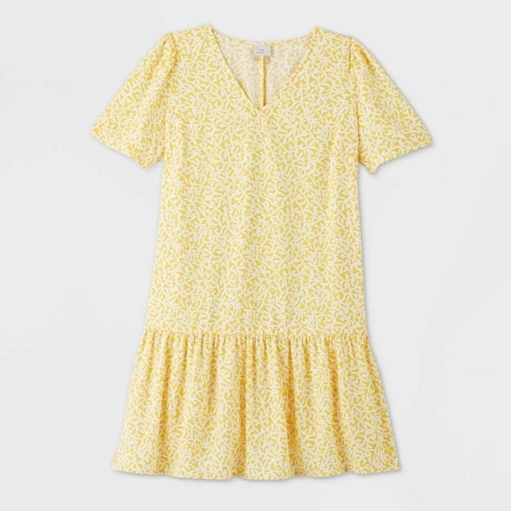 A New Day Women's Sz XS Ruffle Hem Dress Yellow White Floral V-Neck Short Sleeve